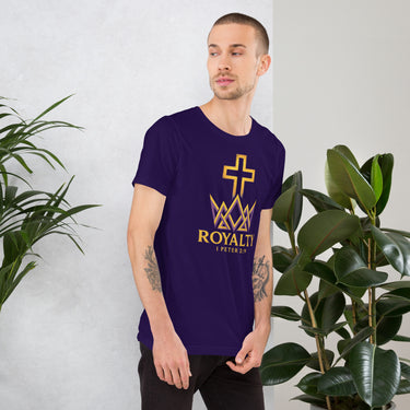 Man wearing team purple Royalty t-shirt – bold front design declaring chosen identity